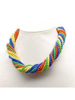 Multicolor Twisted Beaded Choker Necklace with Glass Beads and Hook Clasp - Vint